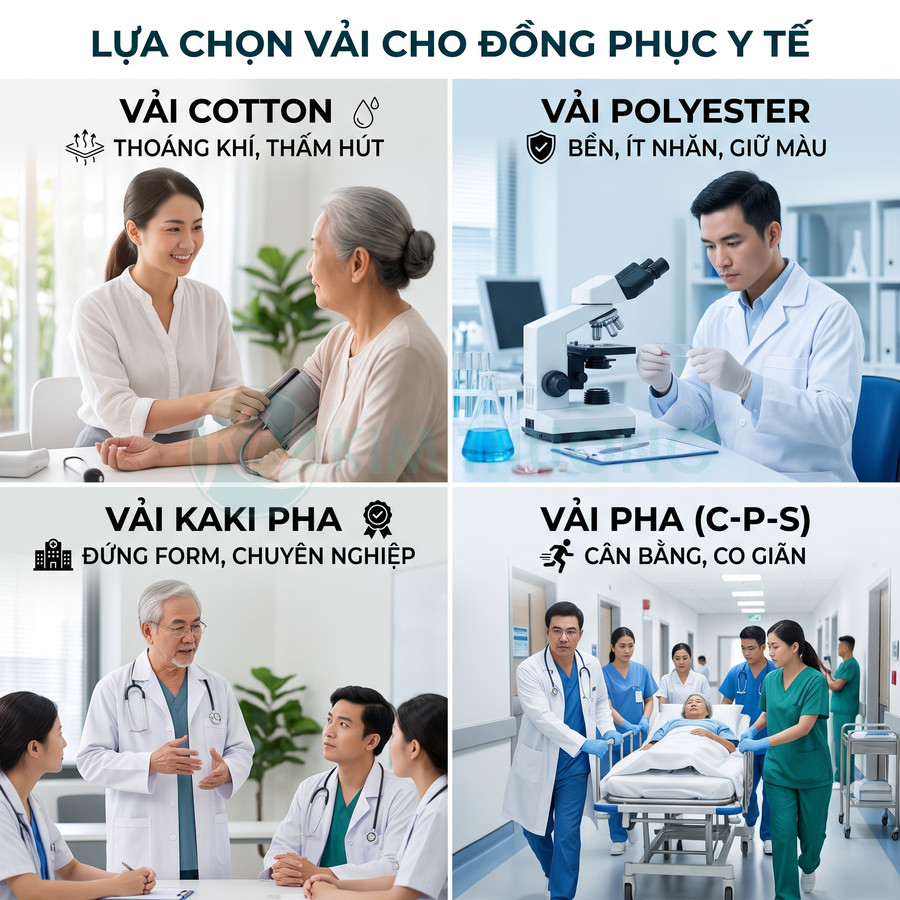 Các loại vải cotton, polyester, kaki pha, vải pha CPS dùng may đồng phục y tế cho bác sĩ và y tá