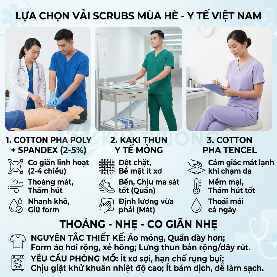 Các loại đồng phục scrubs mùa hè cho nhân viên y tế Việt Nam với ba chất liệu vải và ưu điểm nổi bật