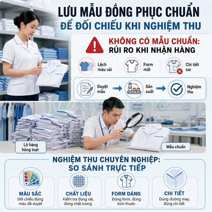 Nhân viên kiểm tra và so sánh mẫu đồng phục trắng chuẩn với lô áo sơ mi đồng phục sản xuất hàng loạt
