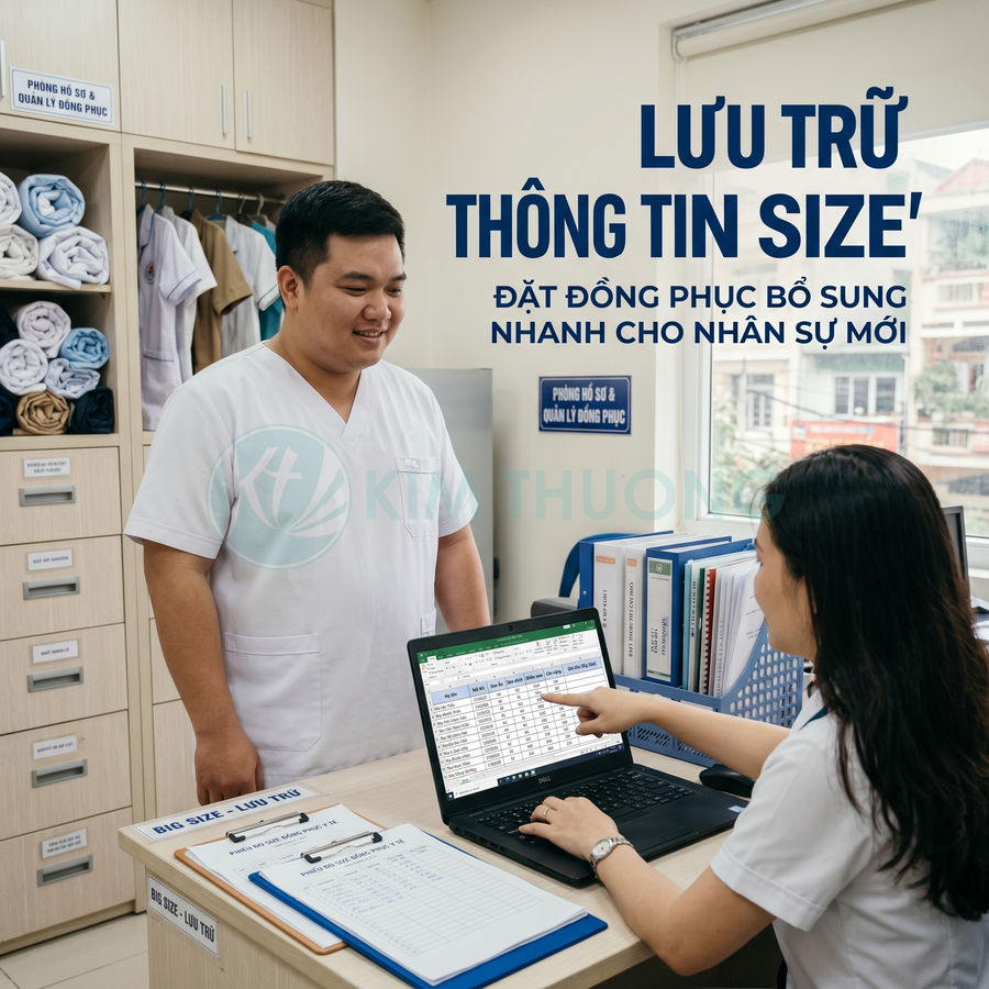 Nhân viên y tế tư vấn chọn size và lưu trữ thông tin đặt may đồng phục bệnh viện trên laptop