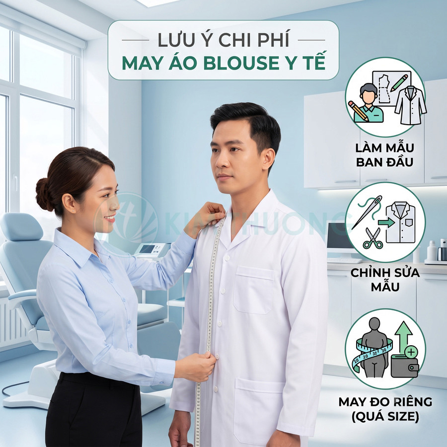 Nhân viên đo may áo blouse y tế trắng cho bác sĩ nam trong phòng khám hiện đại