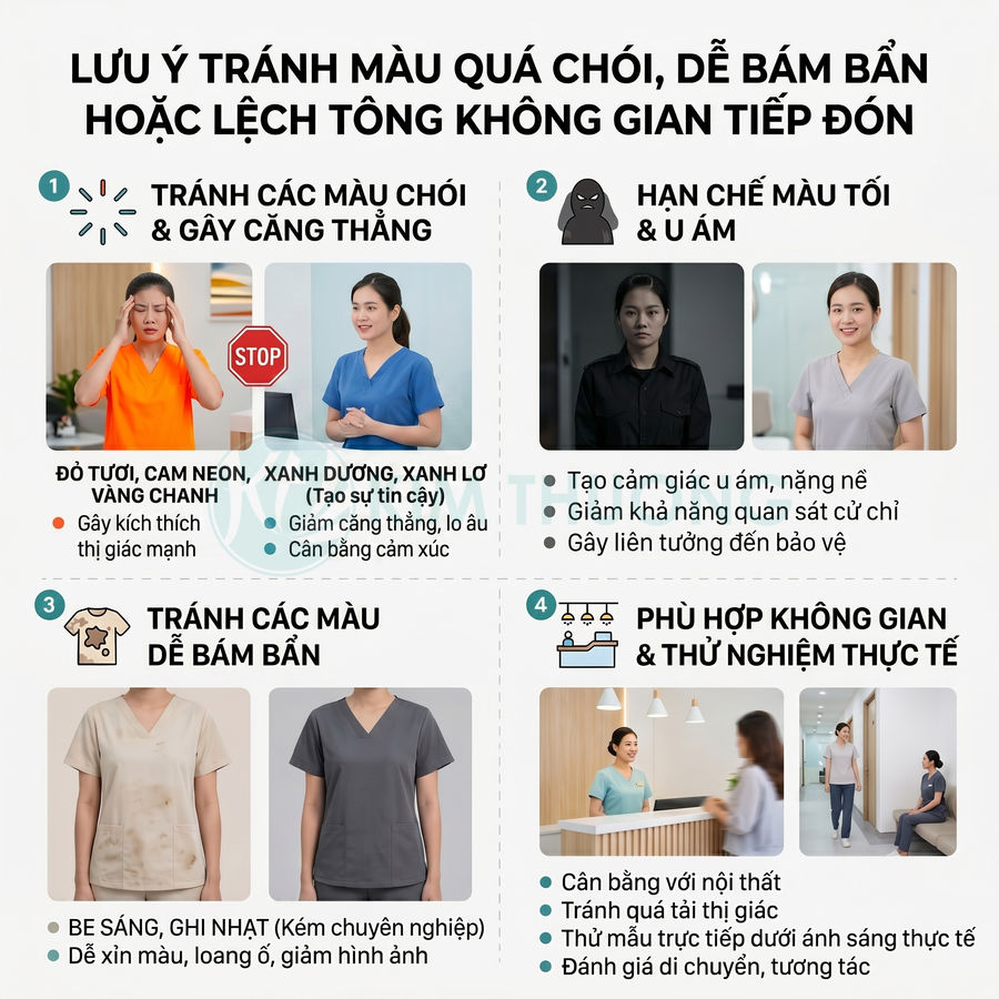 Infographic hướng dẫn chọn màu đồng phục y tá tránh màu chói, tối, dễ bám bẩn và phù hợp không gian tiếp đón
