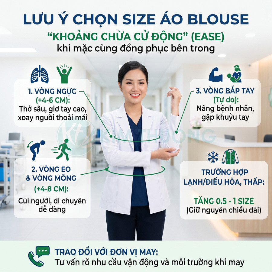 Hướng dẫn chọn size áo blouse y tế cho nữ bác sĩ với các số đo vòng ngực eo mông và bắp tay