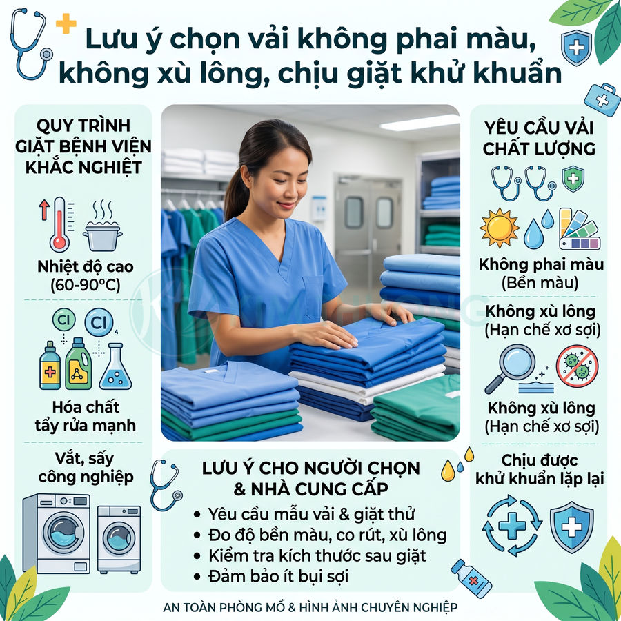 Nhân viên y tế gấp xếp đồng phục bệnh viện màu xanh dương sạch sẽ trên bàn trong phòng giặt ủi chuyên nghiệp