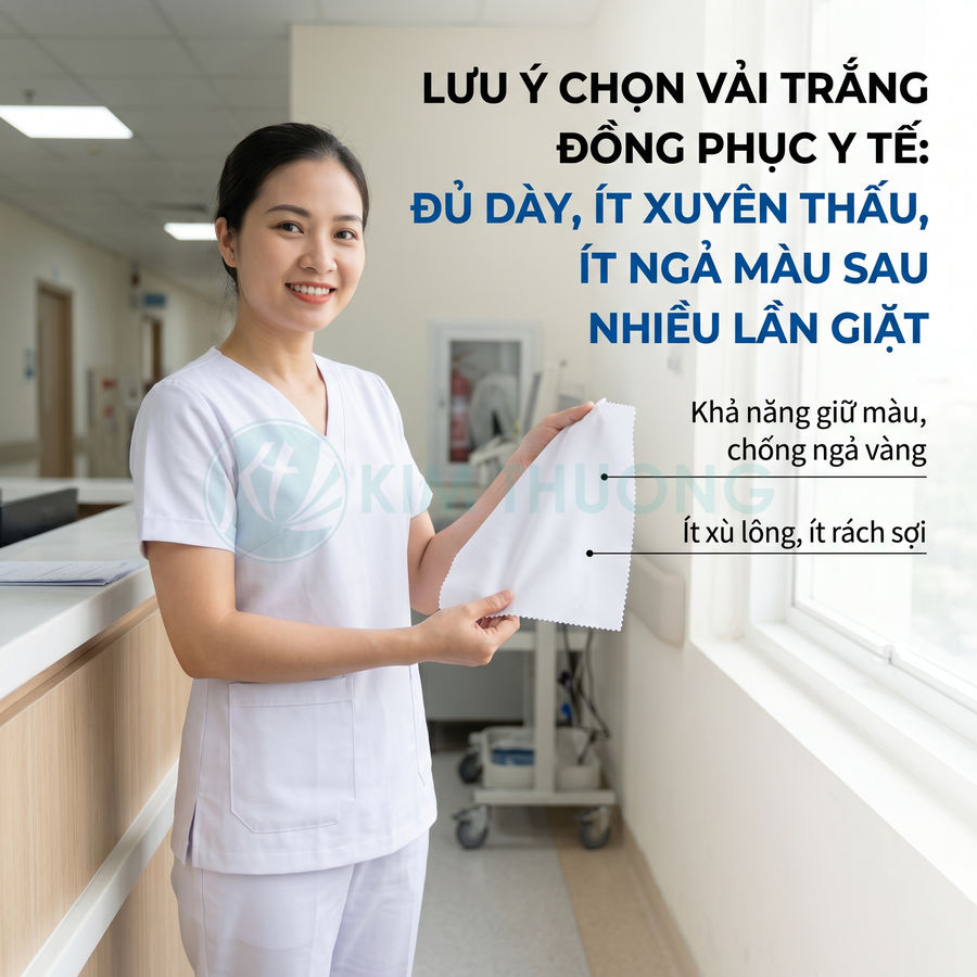 Nữ y tá mặc đồng phục y tế trắng cầm mẫu vải trắng dày ít xuyên thấu trong bệnh viện