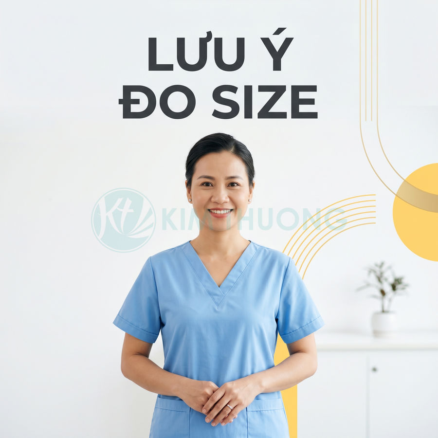 Nữ nhân viên y tế mặc đồng phục scrub màu xanh dương đứng tư vấn lưu ý đo size
