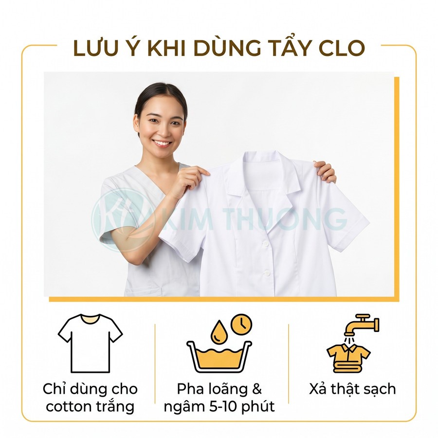 Nhân viên y tế cầm áo blouse trắng sạch cùng hướng dẫn dùng nước tẩy clo cho vải cotton