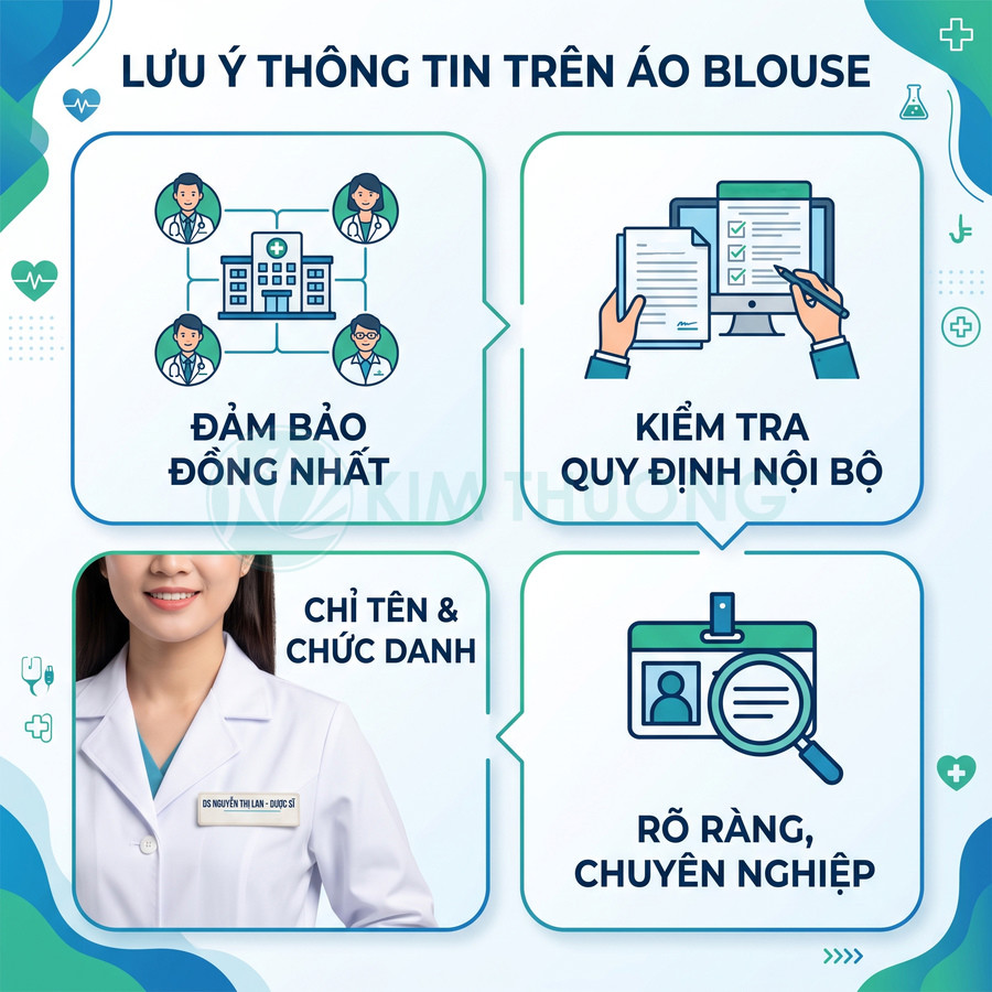 Hướng dẫn lưu ý thông tin in trên áo blouse y tế, nhấn mạnh tên chức danh và sự chuyên nghiệp