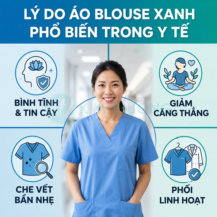Nữ nhân viên y tế mặc áo blouse xanh đứng trong bệnh viện với các lợi ích của áo blouse xanh xung quanh