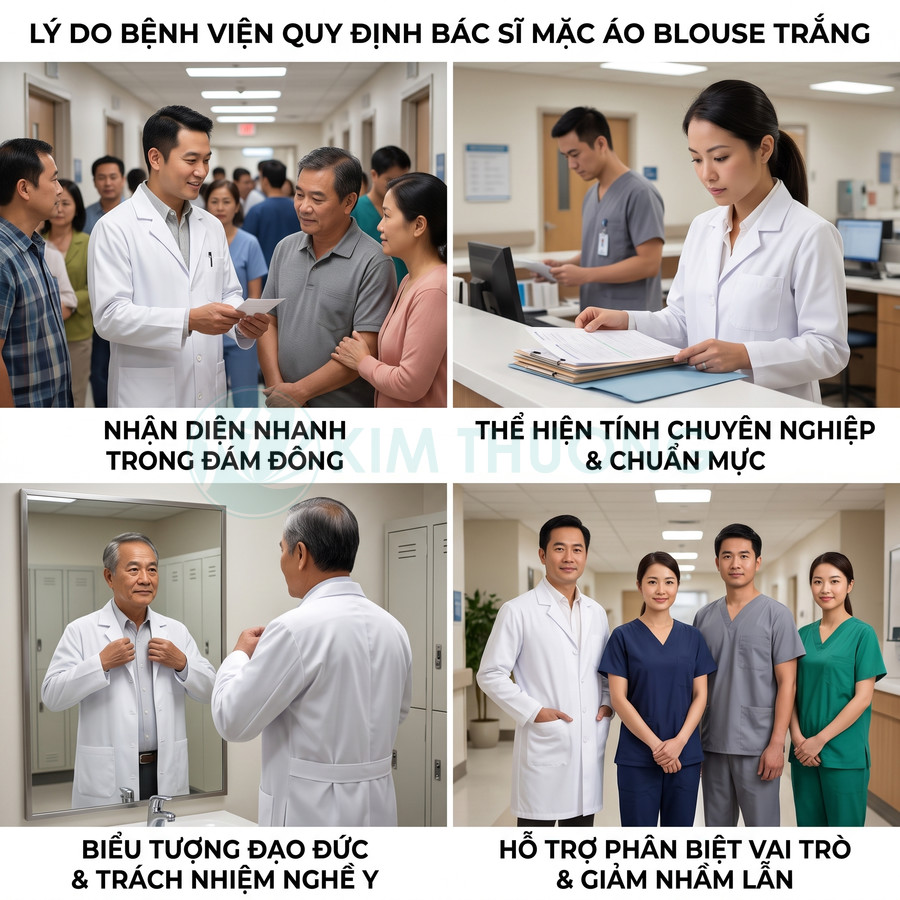 Bác sĩ và nhân viên y tế mặc áo blouse trắng trong bệnh viện thể hiện sự chuyên nghiệp và dễ nhận diện