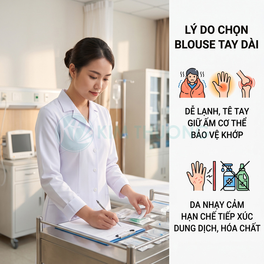 Bác sĩ nữ mặc áo blouse tay dài màu trắng đang làm việc trong phòng khám hiện đại