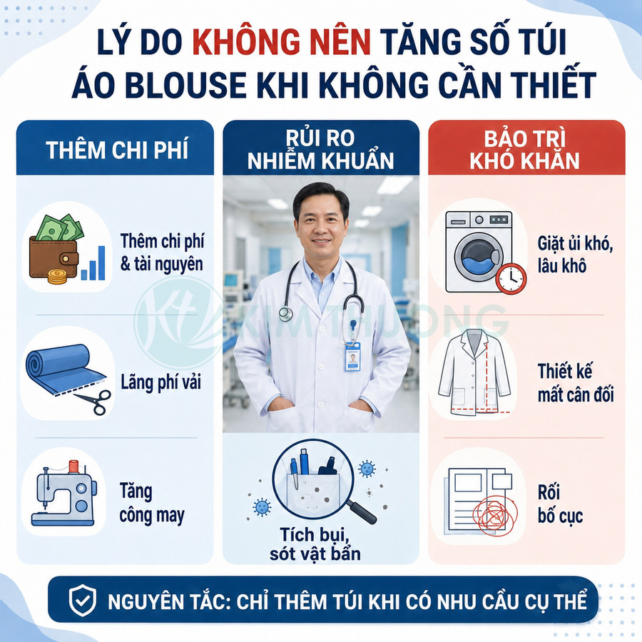 Infographic lý do không nên tăng số túi áo blouse bác sĩ, nêu thêm chi phí, rủi ro nhiễm khuẩn và khó bảo trì