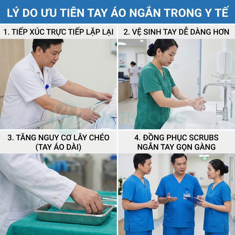 Nhân viên y tế mặc đồng phục scrubs tay ngắn màu xanh trao đổi và rửa tay trong bệnh viện