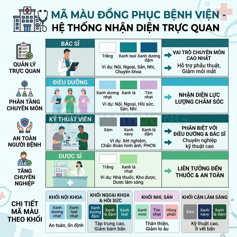 Bảng mã màu đồng phục bệnh viện cho bác sĩ, điều dưỡng, kỹ thuật viên, dược sĩ và các khối chuyên khoa