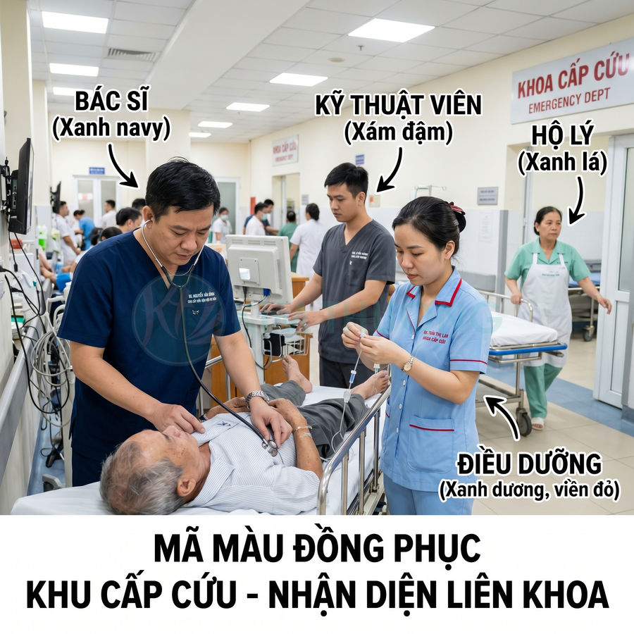 Nhân viên y tế mặc đồng phục nhiều màu chăm sóc bệnh nhân trên giường cấp cứu trong khoa cấp cứu bệnh viện