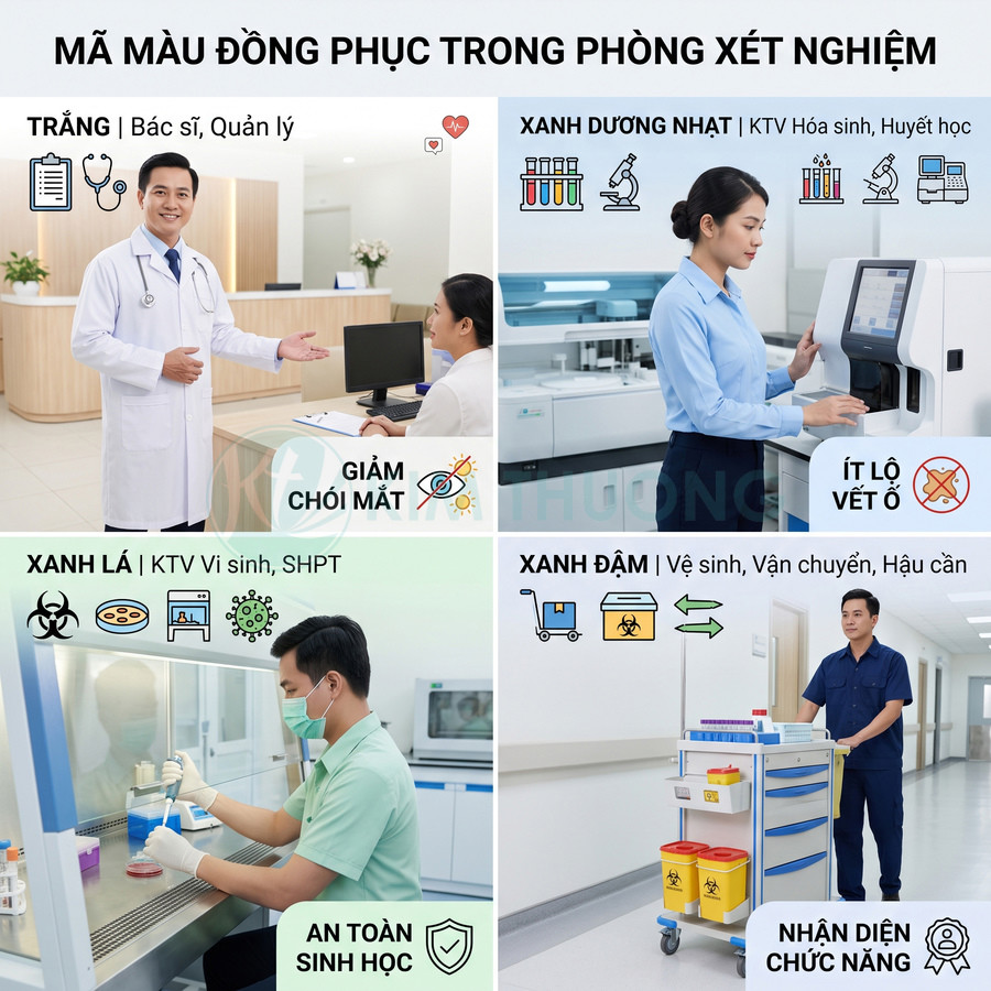 Các loại màu đồng phục nhân viên trong phòng xét nghiệm y khoa và vai trò tương ứng
