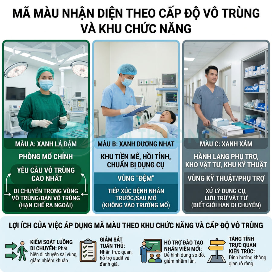 Bảng hướng dẫn mã màu đồng phục y tế theo cấp độ vô trùng và khu chức năng trong bệnh viện