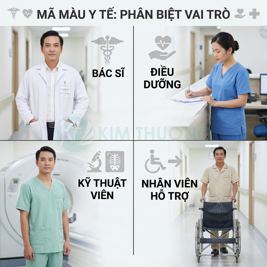 Bốn nhân viên y tế với đồng phục khác nhau minh họa vai trò bác sĩ điều dưỡng kỹ thuật viên và nhân viên hỗ trợ