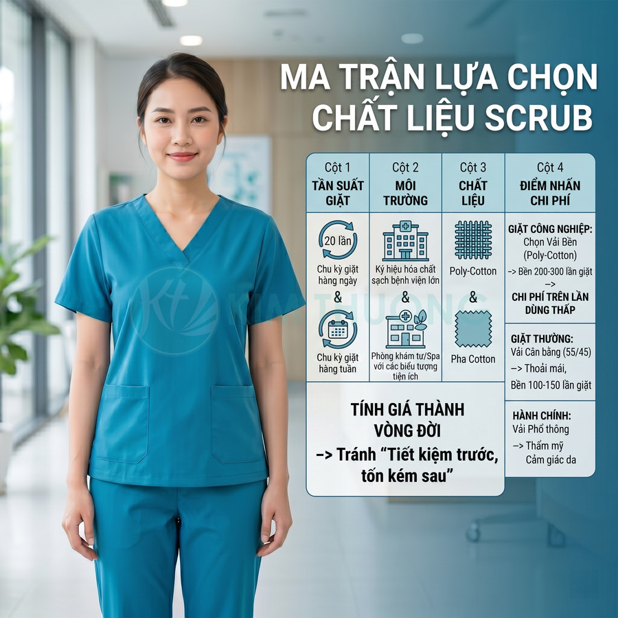 Nữ nhân viên y tế mặc bộ scrub màu xanh dương đứng cạnh bảng thông tin chọn chất liệu scrub