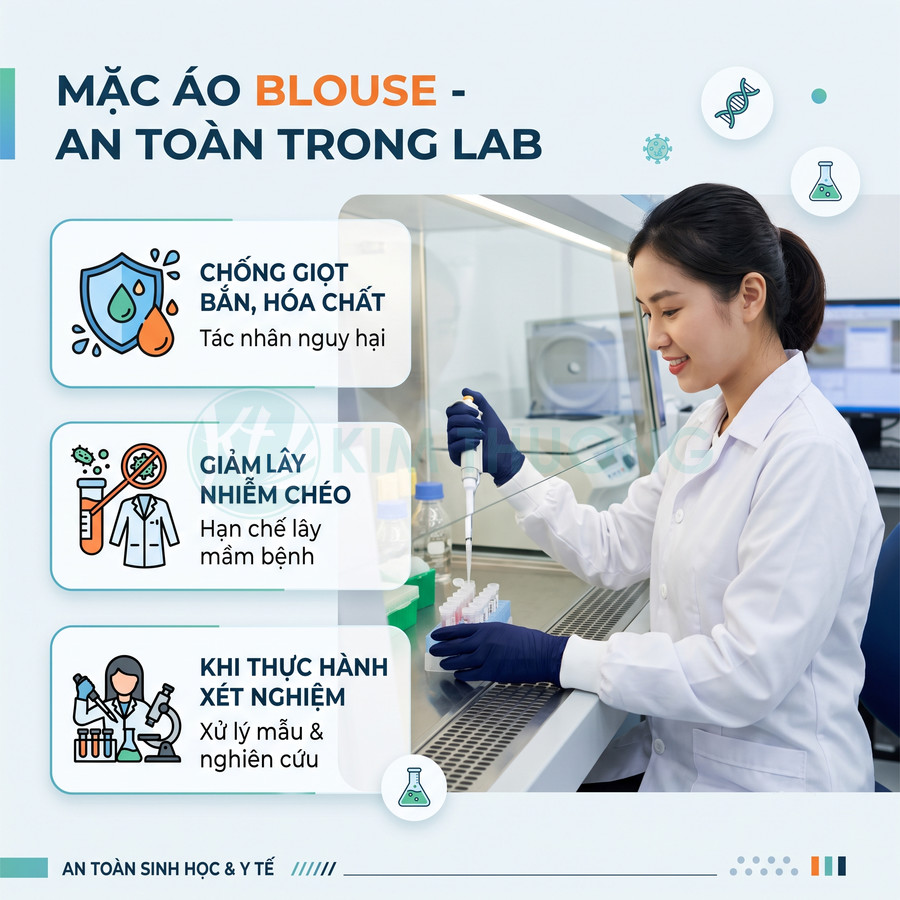 Kỹ thuật viên mặc áo blouse trắng và găng tay bảo hộ thao tác ống nghiệm trong phòng thí nghiệm sinh học