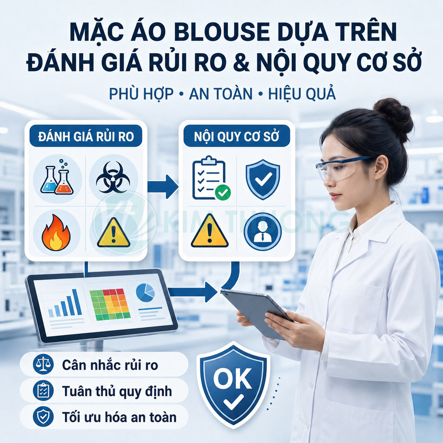 Nhân viên phòng thí nghiệm mặc áo blouse trắng và kính bảo hộ xem dữ liệu đánh giá rủi ro trên máy tính bảng