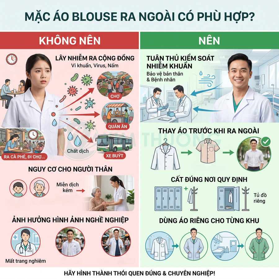 Infographic hướng dẫn bác sĩ không mặc áo blouse ra ngoài để tránh lây nhiễm và giữ hình ảnh chuyên nghiệp