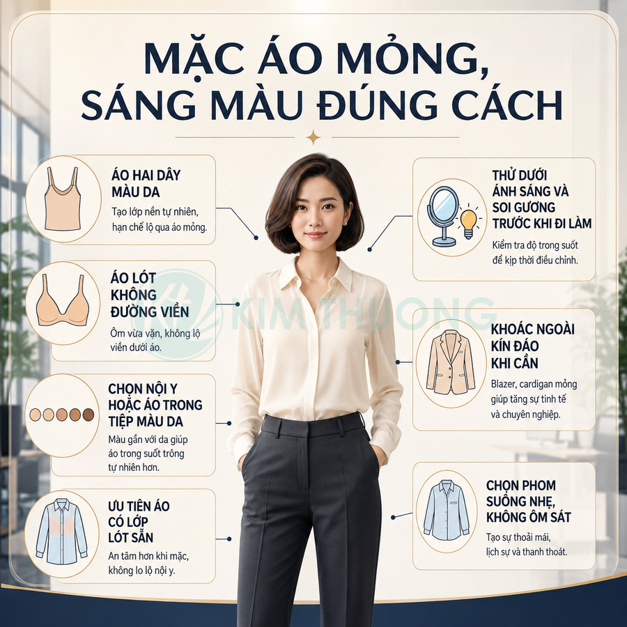 Người phụ nữ mặc áo sơ mi mỏng màu sáng và quần tây tối màu, hướng dẫn cách phối đồ kín đáo khi đi làm
