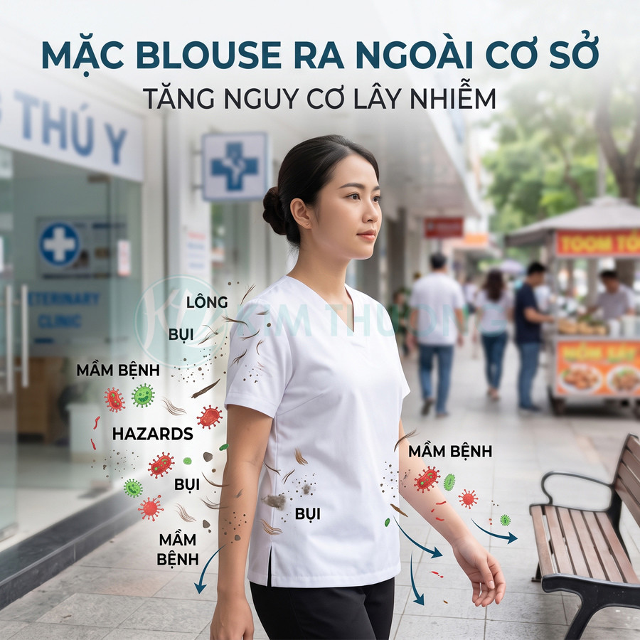 Nhân viên y tế mặc áo blouse trắng đi ngoài đường, minh họa bụi bẩn và mầm bệnh bám lên áo tăng nguy cơ lây nhiễm