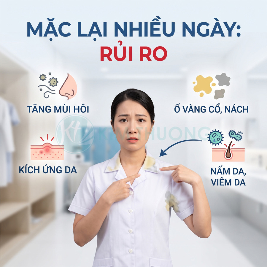 Nữ nhân viên y tế mặc áo blouse trắng ố vàng cổ nách, minh họa rủi ro mặc lại áo nhiều ngày
