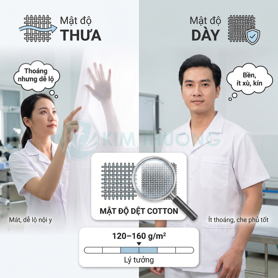 So sánh mật độ dệt vải cotton thưa và dày, định lượng 120 đến 160 gam trên mét vuông được đánh dấu lý tưởng