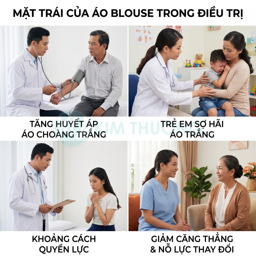 Bác sĩ mặc áo blouse trắng khám bệnh cho người lớn và trẻ em, so sánh với điều dưỡng mặc đồ scrubs thân thiện