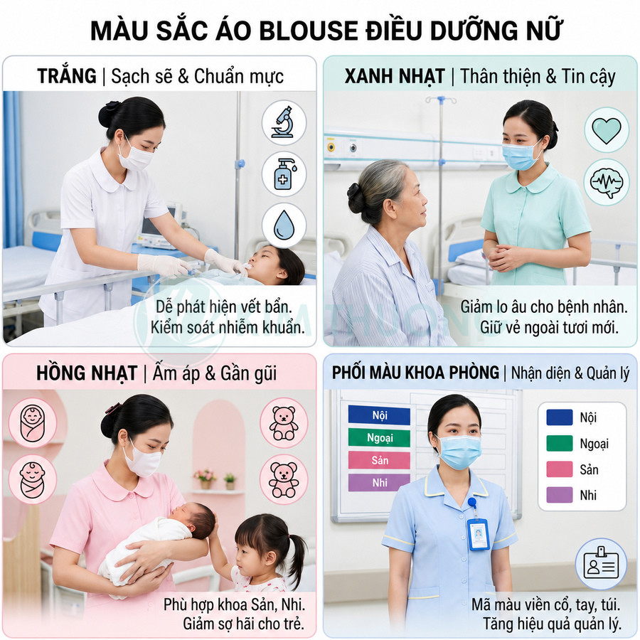 Các mẫu áo blouse điều dưỡng nữ nhiều màu sắc cho từng khoa giúp nhận diện và tạo cảm giác thân thiện cho bệnh nhân