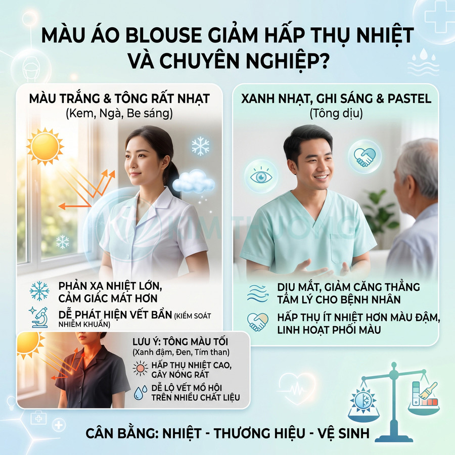 Nhân viên y tế mặc áo blouse trắng và xanh nhạt, so sánh ưu điểm màu áo giảm hấp thụ nhiệt và tạo cảm giác chuyên nghiệp