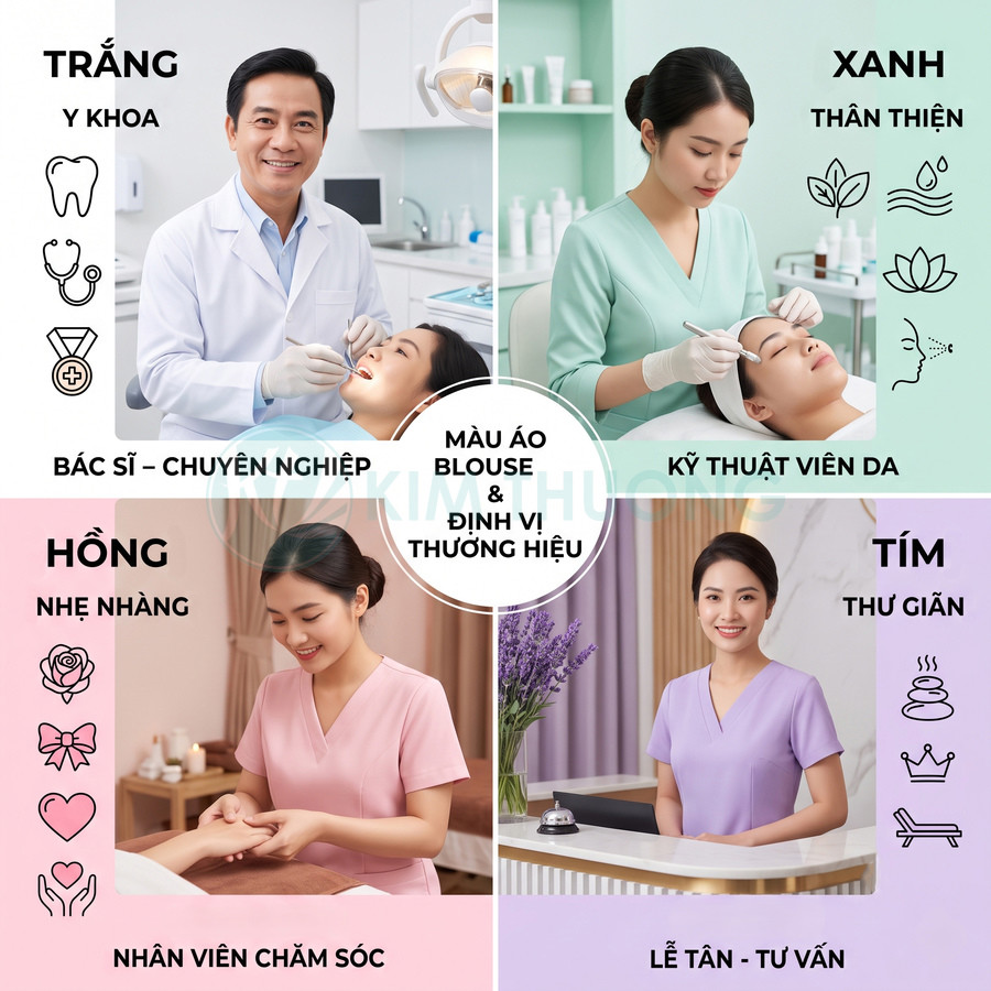 Mẫu đồng phục spa và phòng khám với áo blouse trắng, xanh, hồng, tím cho bác sĩ, kỹ thuật viên da, nhân viên chăm sóc, lễ tân