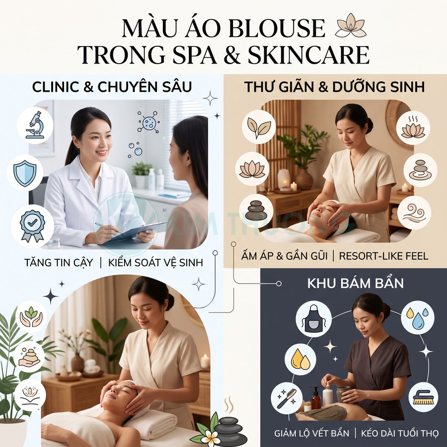 Các mẫu áo blouse spa và skincare nhiều màu cho kỹ thuật viên massage chăm sóc da khách hàng