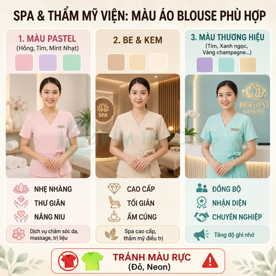 Nhân viên spa mặc áo blouse màu pastel, be kem và xanh mint trong không gian spa và thẩm mỹ viện sang trọng