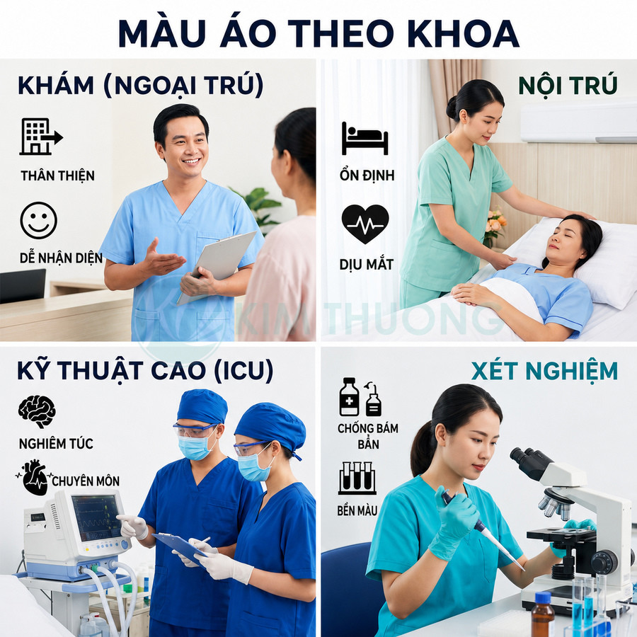 Mẫu đồng phục y tá bác sĩ nhiều màu cho các khoa khám ngoại trú nội trú ICU và xét nghiệm