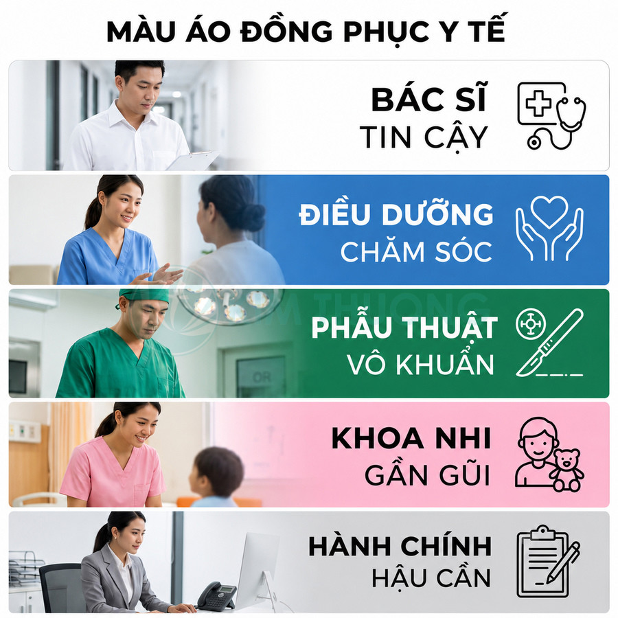 Bảng màu áo đồng phục y tế cho bác sĩ, điều dưỡng, phẫu thuật, khoa nhi và nhân viên hành chính