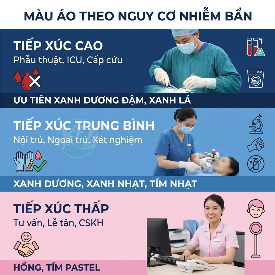 Hướng dẫn màu áo nhân viên y tế theo mức độ tiếp xúc: cao, trung bình, thấp kèm hình bác sĩ và lễ tân
