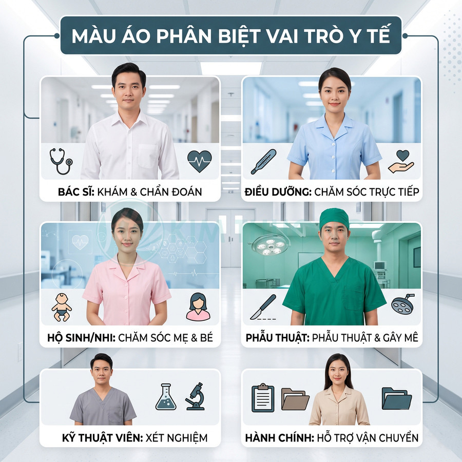 Màu áo đồng phục phân biệt vai trò bác sĩ, điều dưỡng, hộ sinh, phẫu thuật, kỹ thuật viên và hành chính trong bệnh viện