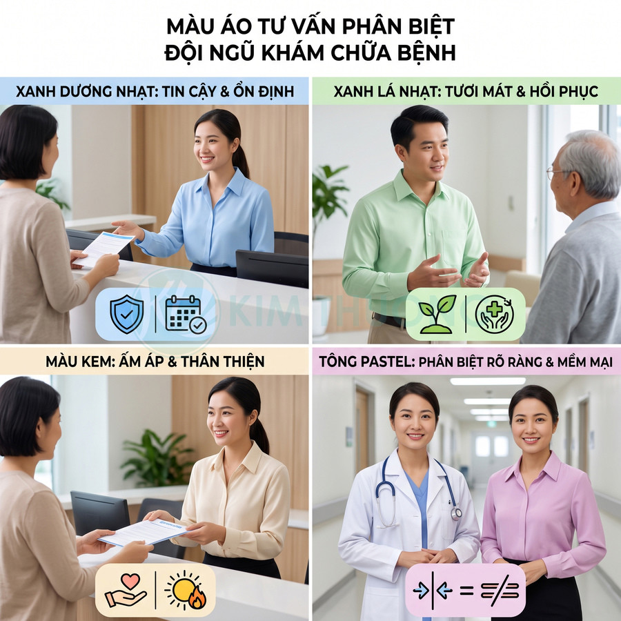 Nhân viên y tế mặc áo sơ mi pastel nhiều màu tư vấn bệnh nhân tại quầy và hành lang bệnh viện