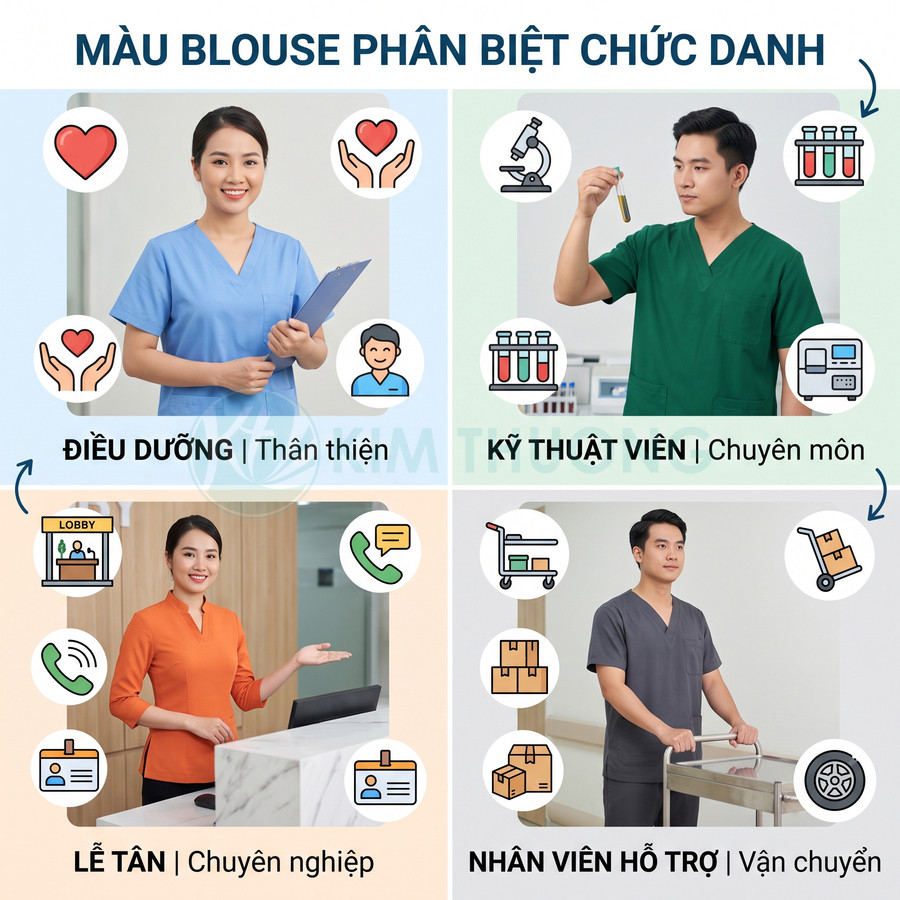 Màu đồng phục y tế phân biệt điều dưỡng, kỹ thuật viên, lễ tân và nhân viên hỗ trợ trong bệnh viện