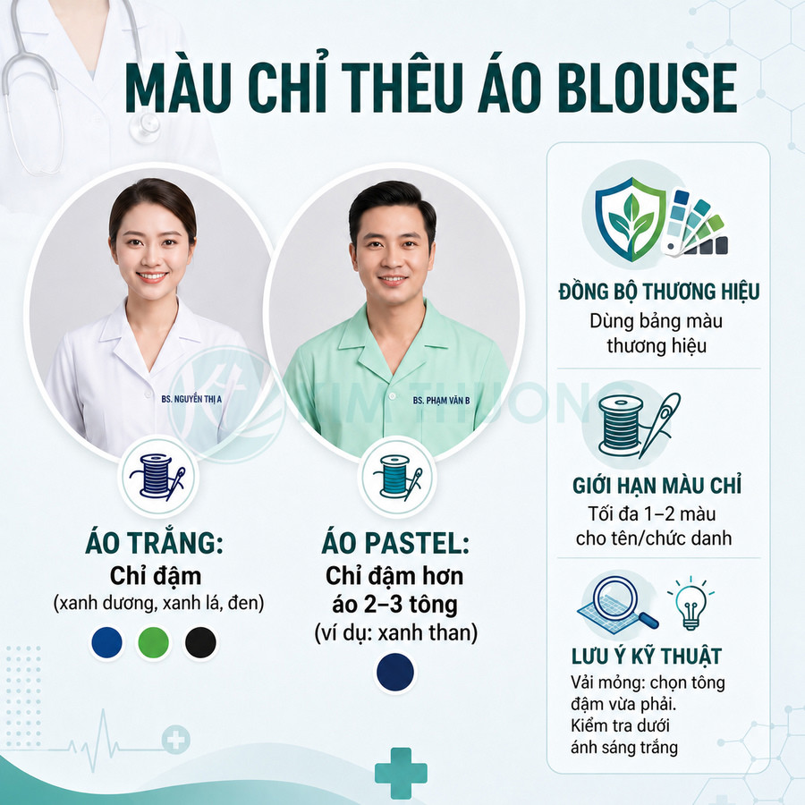 Mẫu áo blouse bác sĩ trắng và xanh pastel với hướng dẫn chọn màu chỉ thêu tên và chức danh