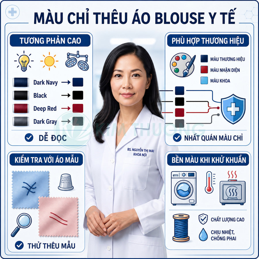 Bác sĩ mặc áo blouse y tế trắng có thêu tên màu xanh, minh họa bảng chọn màu chỉ thêu phù hợp