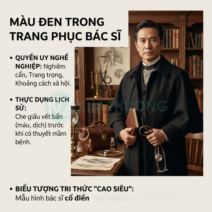 Bác sĩ nam mặc áo choàng đen cổ điển cầm sổ tay và ống nghe trong phòng khám với bàn làm việc và túi da y tế