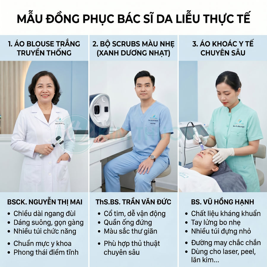 Các mẫu đồng phục bác sĩ da liễu gồm áo blouse trắng, bộ scrubs xanh dương nhạt và áo khoác y tế chuyên sâu