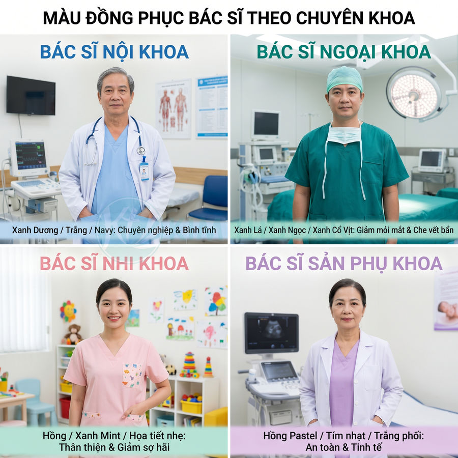 Bốn bác sĩ các chuyên khoa mặc đồng phục màu khác nhau trong bệnh viện hiện đại