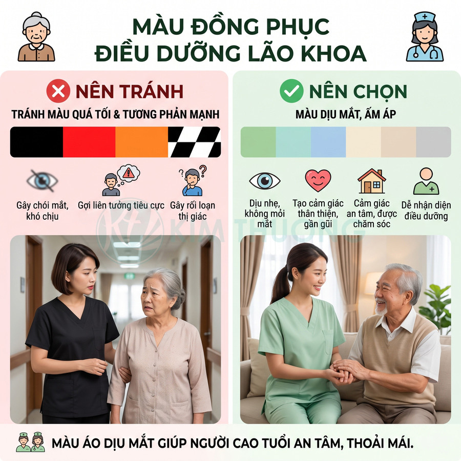 Điều dưỡng mặc đồng phục màu đen và xanh pastel chăm sóc người cao tuổi trong viện dưỡng lão