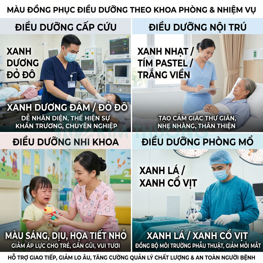 Các mẫu đồng phục điều dưỡng nhiều màu sắc theo từng khoa cấp cứu, nội trú, nhi khoa và phòng mổ