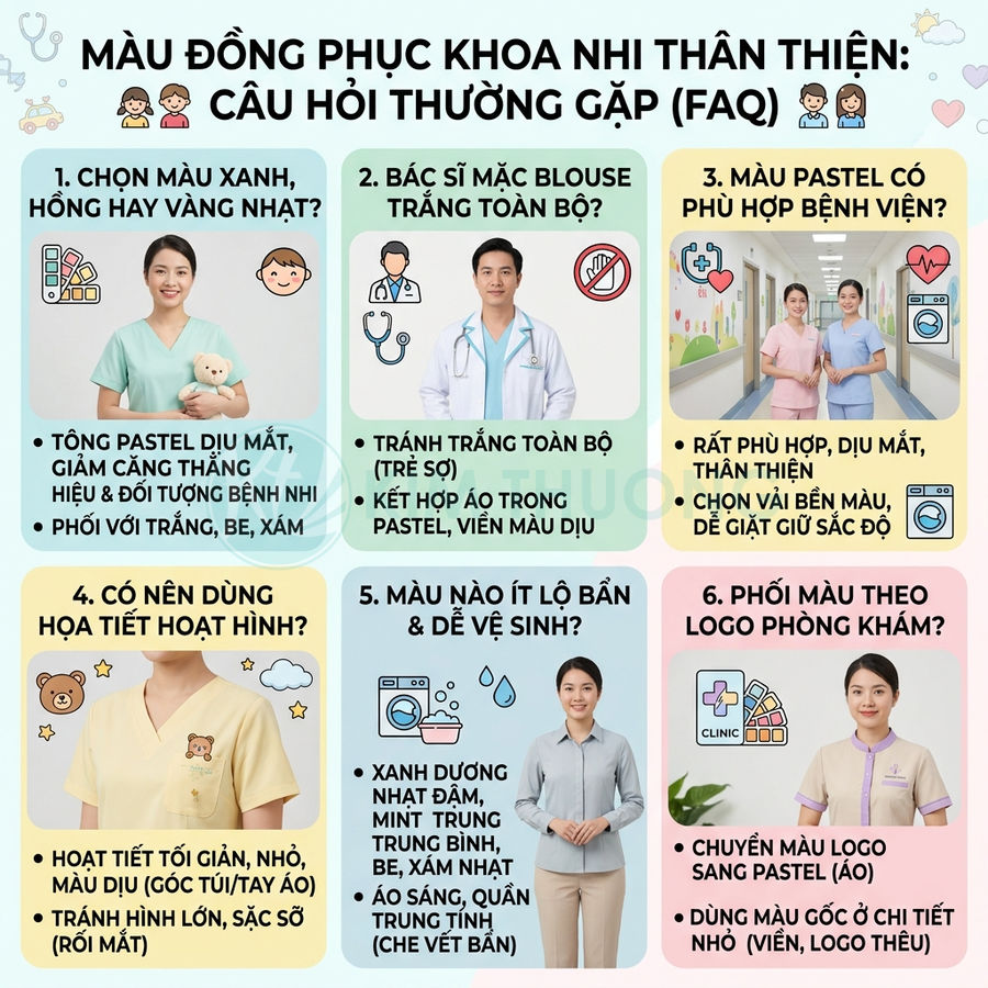 Infographic hướng dẫn chọn màu đồng phục y tá và bác sĩ khoa nhi với tông pastel dịu mắt, thân thiện cho bệnh viện